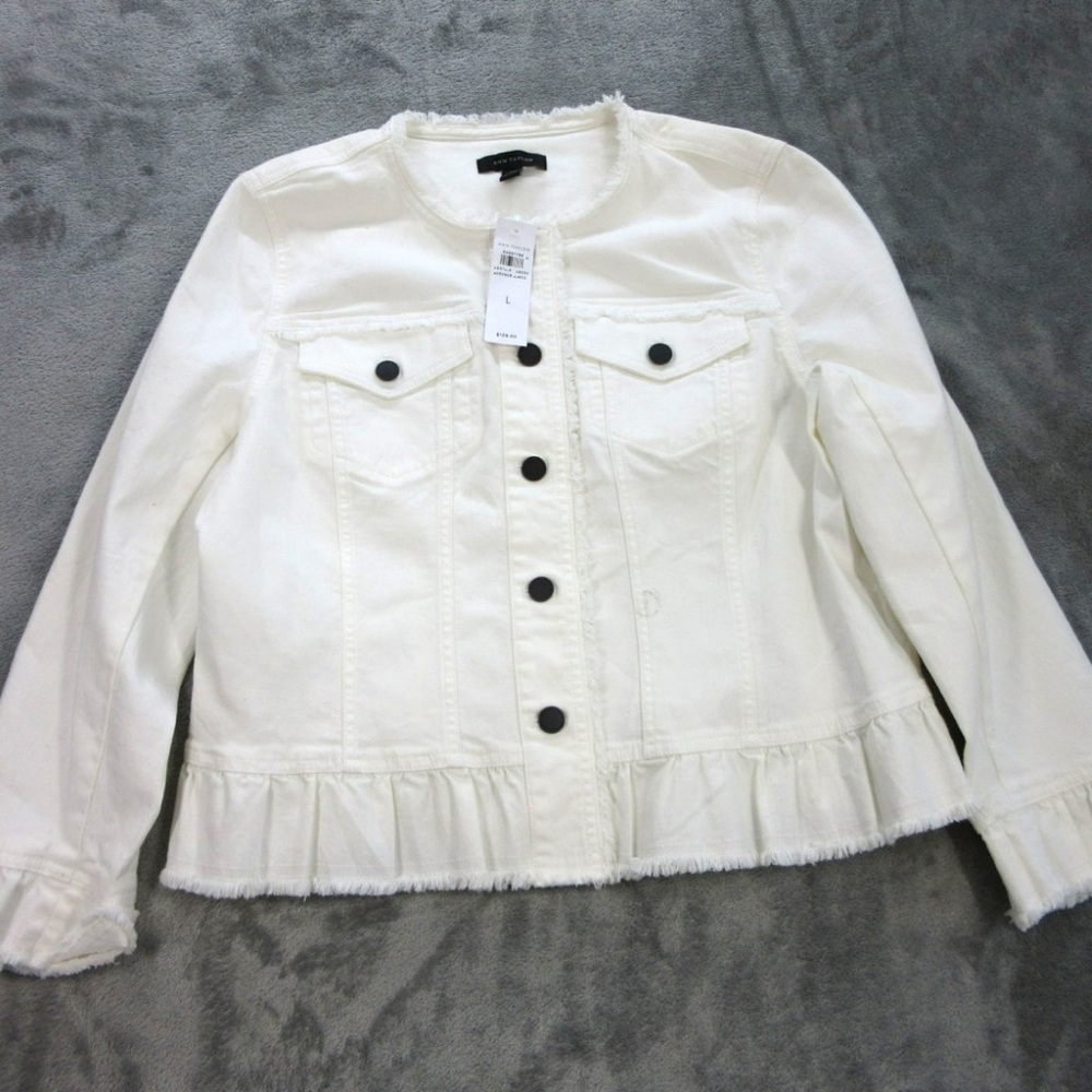 Ann Taylor White Frayed-Hem Button Front Jean Jacket